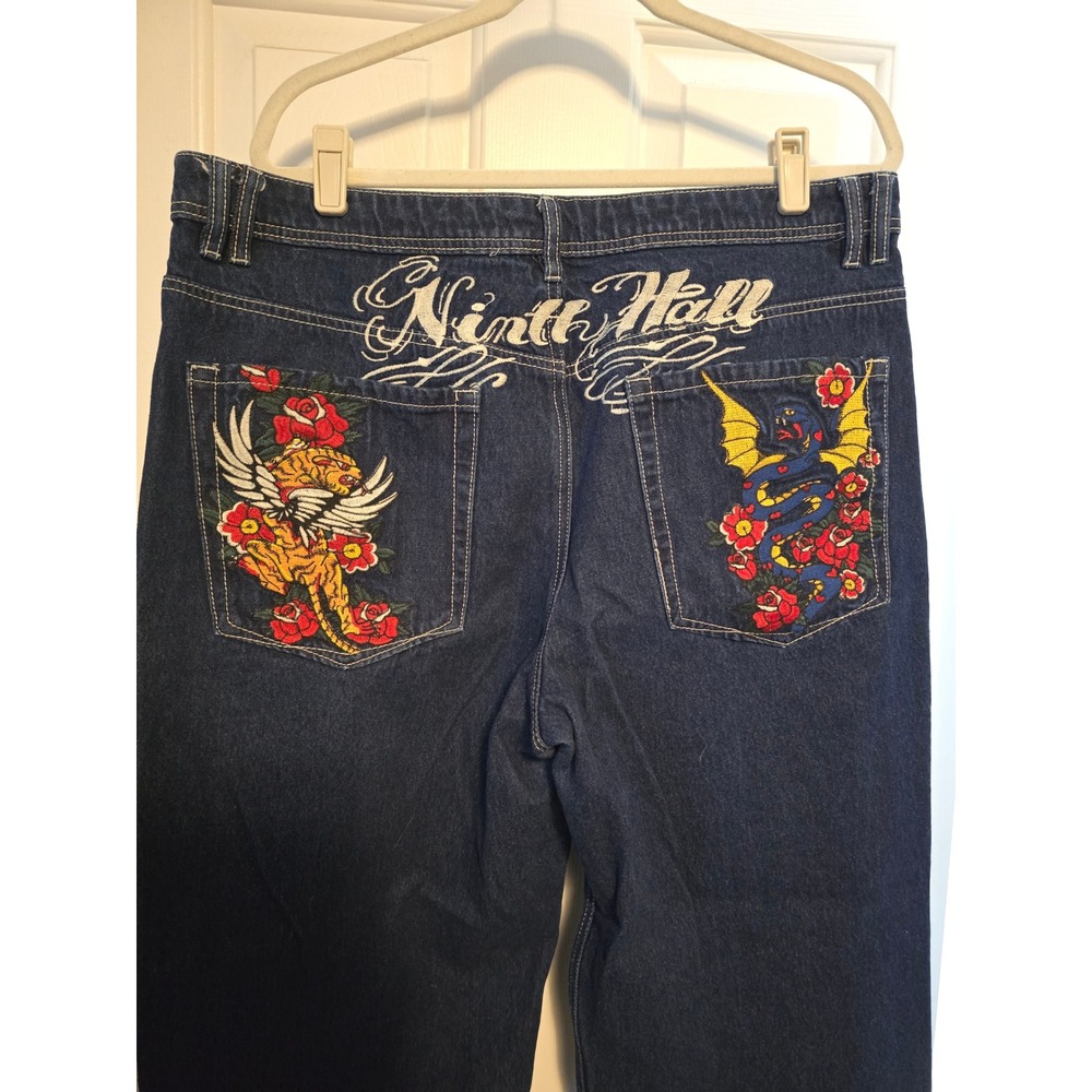 Ninth Hall Idle Baggy Jeans Dark Wash Embroidered Tiger Dragon Wide Leg Size 16
